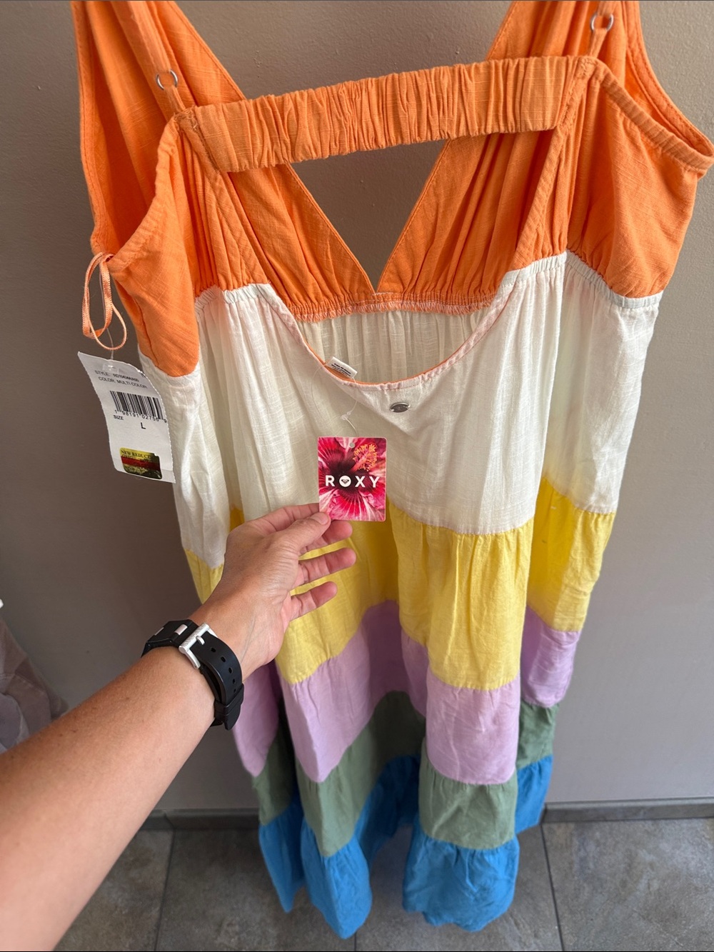 Roxy Striped Tiered Sundress in Orange, White, Yellow, Lavender, Green, Blue